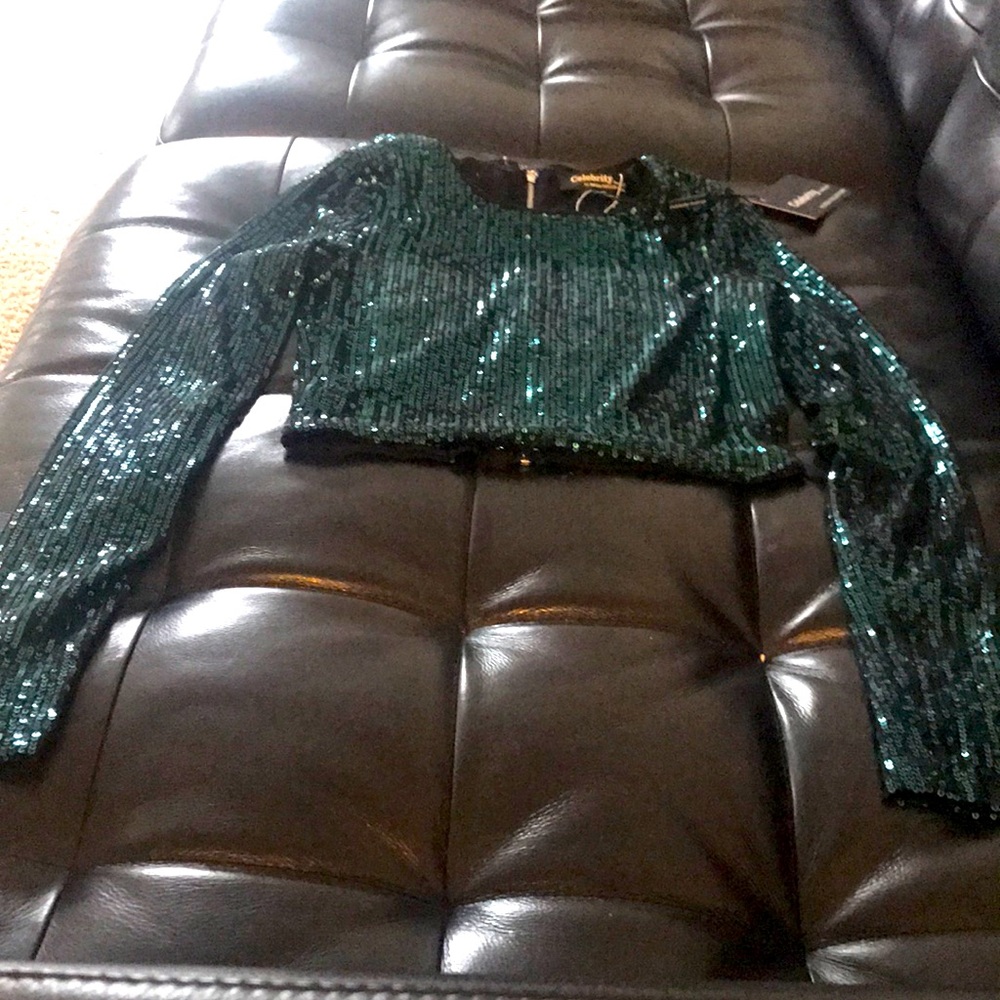 Sequence dark green crop long sleeved top.